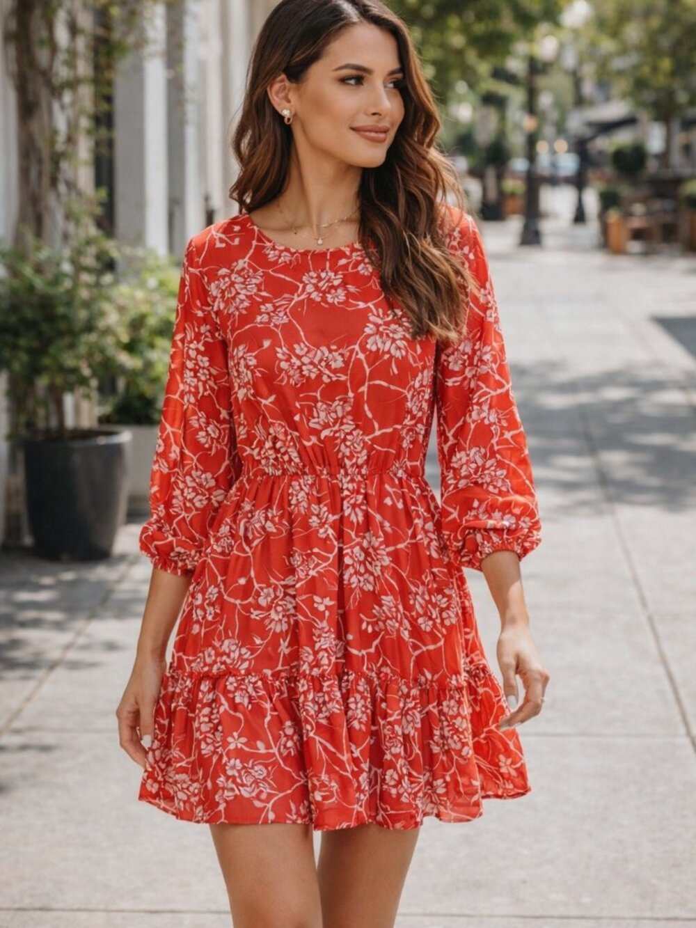 Flying Tomato Red Dress with White Floral Print